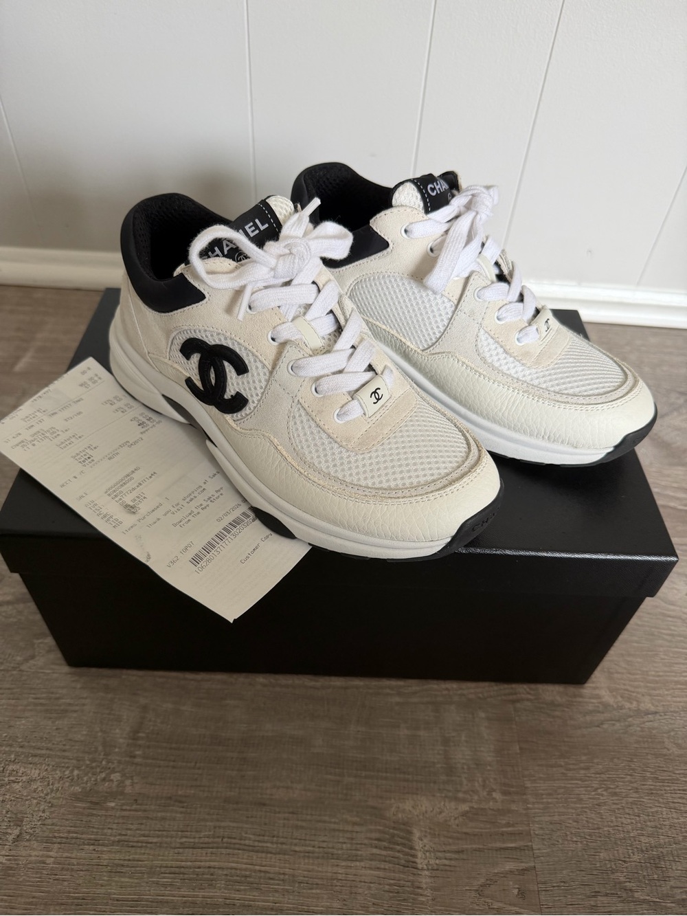 CHANEL White & Black Leather Athletic Sneakers